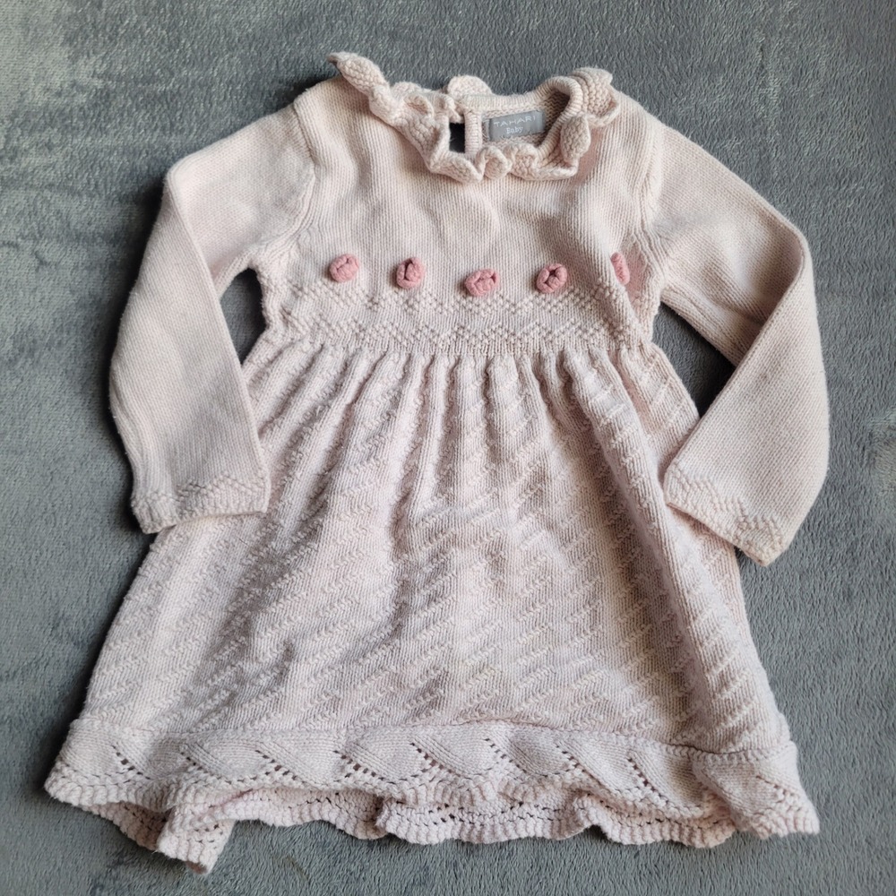 Tahari Baby Girls Sweater Dress 18M Pink Cotton Knit Rosette Coquette Holiday